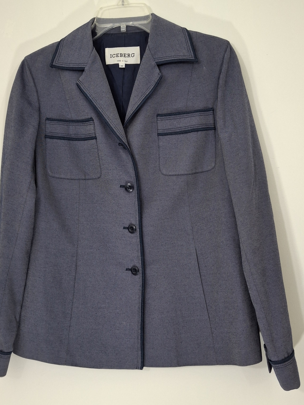 Vintage Iceberg Made In Italy Slate Blue Blazer with Dark Trim, Size 44, US 6